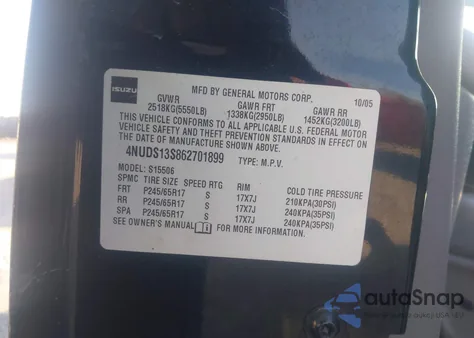 2006 Isuzu Ascender S z USA, uszkodzony, nr VIN 4NUDS13S862701899